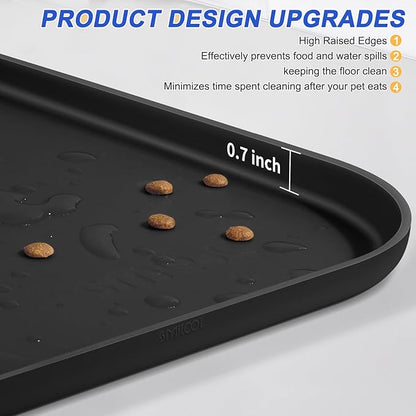 SMILOOL Silicone Pet Feeding Mat with Raised Edge for Food and Water, Dog Bowl Mats, Cat Bowls Placemat with High Lip for Floor Waterproof, Rubber Tray for Cats and Dogs 19 x 12 x0.7 Black
