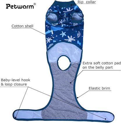 PetWarm Dog Suit for Surgery Recovery, Clothes for Dogs, Dog Onesie After Surgery, Lightweight Recovery Suit for Post-Op Comfort, Covers Sensitive Areas, Marine Animal Patterns, Blue, L