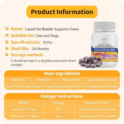 Bladder Supports Chews for Urinary Tract Health, Infection Treatments, Bladder Health, Dog UTI, Bladder Stones, Incontinence Support, Urinary Pain Relief for Cat & Dog 10 Chews (1 Bottle)