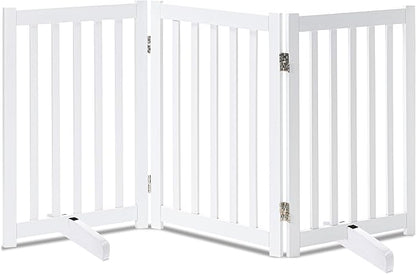 LZRS Freestanding Dog Gate 30 inch Tall - 3 Panels Solid Wooden Pet Gate for Doorways, Stairs & Hallways, Expandable & Foldable with Support Feet，Indoor Use,White