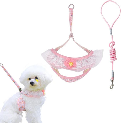 Cat Harness Collar and Leash Set, Sweet Lace Floral Kitten Collar, Escape Proof Puppy Chest Harness, Adjustable Cute Harness Leash Set for Cat Puppy Dog Outdoor Walking (Pink, M)