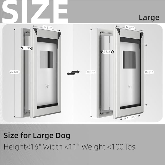 MAVRICFLEX Heavy Duty Dog Door for Large Dogs Up to 100LBS, Aluminum Frame Doggie Door with Double Sliding Panel and 2 Soft Flaps, Easy to Install, Large, Matte Silver