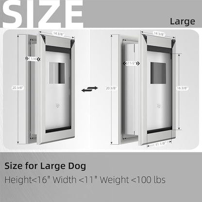 MAVRICFLEX Heavy Duty Dog Door for Large Dogs Up to 100LBS, Aluminum Frame Doggie Door with Double Sliding Panel and 2 Soft Flaps, Easy to Install, Large, Matte Silver