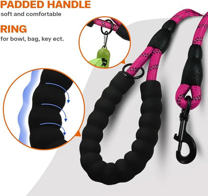 Taglory Rope Dog Leash 4 FT with Comfortable Padded Handle, Highly Reflective Threads Leash and Anti-Tangle Clip for Walking Small Dogs, 3/8 inch, Hotpink