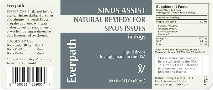 Everpath Sinus Support for Dogs - 2 Fluid Ounces/60mls | USA Made | Supports Sinus Health and Relief | Relief for Allergies, Congestion & Acute Sinusitis | Natural Solution for Pets