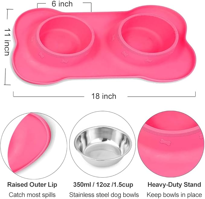 AsFrost Dog Food Bowls Stainless Steel Pet Bowls & Dog Water Bowls with No-Spill and Non-Skid, Feeder Bowls with Dog Bowl Mat for Dogs Cats and Pets-Pink, 24 0z in Total