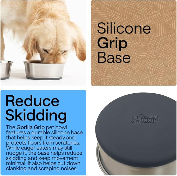 GORILLA GRIP Dog Bowls, Food Grade 304 Stainless Steel, Holds 6 Cups Each (48 fl oz) Food and Water Bowl for Feeding Dogs and Cats, Dishwasher Safe, Rust Resistant, BPA Free Rubber Base Set of 2 Gray