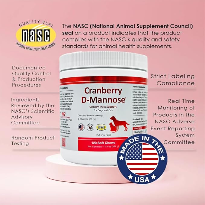 Cranberry D-Mannose Urinary Tract Support Supplement for Cats and Dogs - Cranberry Extract, D-Mannose, Vitamin C - Bladder and UTI Treatment - Made in USA - 120 Soft Chews