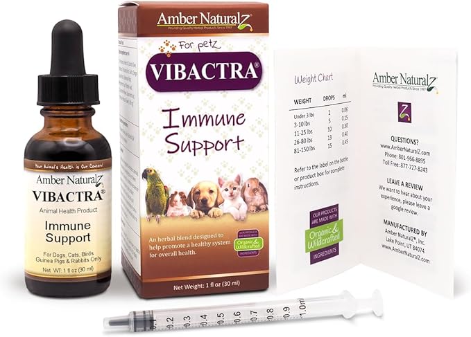 Amber NaturalZ Vibactra Immune Support Herbal Supplement for Dogs, Cats, Birds, Guinea Pigs, and Rabbits | Pet Herbal Blend for Overall Health | 1 Fluid Ounce Glass Bottle | Manufactured in The USA