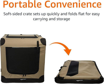 Amazon Basics Portable Folding Soft Dog Crate for Cat, Dog, Rabbit, Double Door with Mesh Ventilation, Collapsible, Easy to Set Up, Large 36" x 24" x 24", Tan