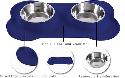 Hubulk Pet Dog Bowls 2 Stainless Steel Dog Bowl with No Spill Non-Skid Silicone Mat + Pet Food Scoop Water and Food Feeder Bowls for Feeding Small Medium Large Dogs Cats Puppies (Medium, Navy Blue)
