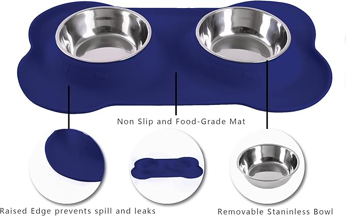 Hubulk Pet Dog Bowls 2 Stainless Steel Dog Bowl with No Spill Non-Skid Silicone Mat + Pet Food Scoop Water and Food Feeder Bowls for Feeding Small Medium Large Dogs Cats Puppies (X-Large, Navy Blue)