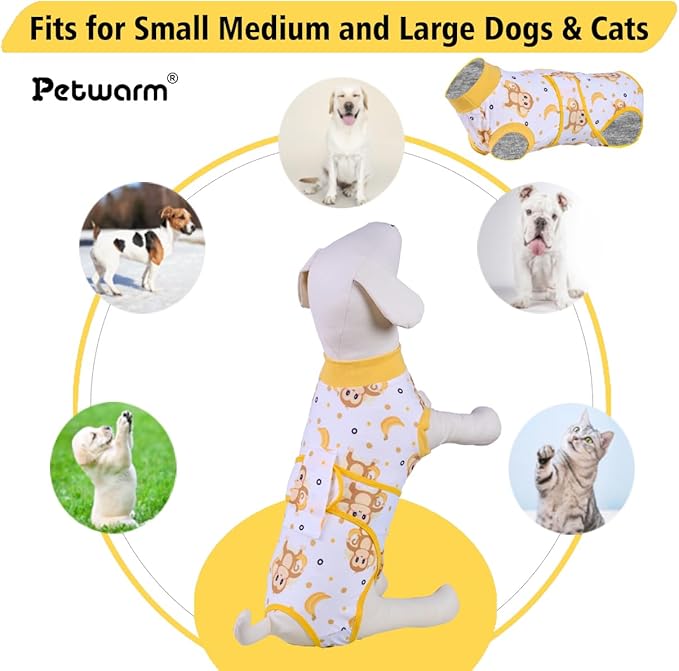PetWarm Dog Surgical Suit, Recovery Suit for Dogs After Surgery, Collars and Cones Alternative Dog Abdominal Wounds Bandages, Onesies for Dogs, Monkey Pattern, Yellow, 2XL