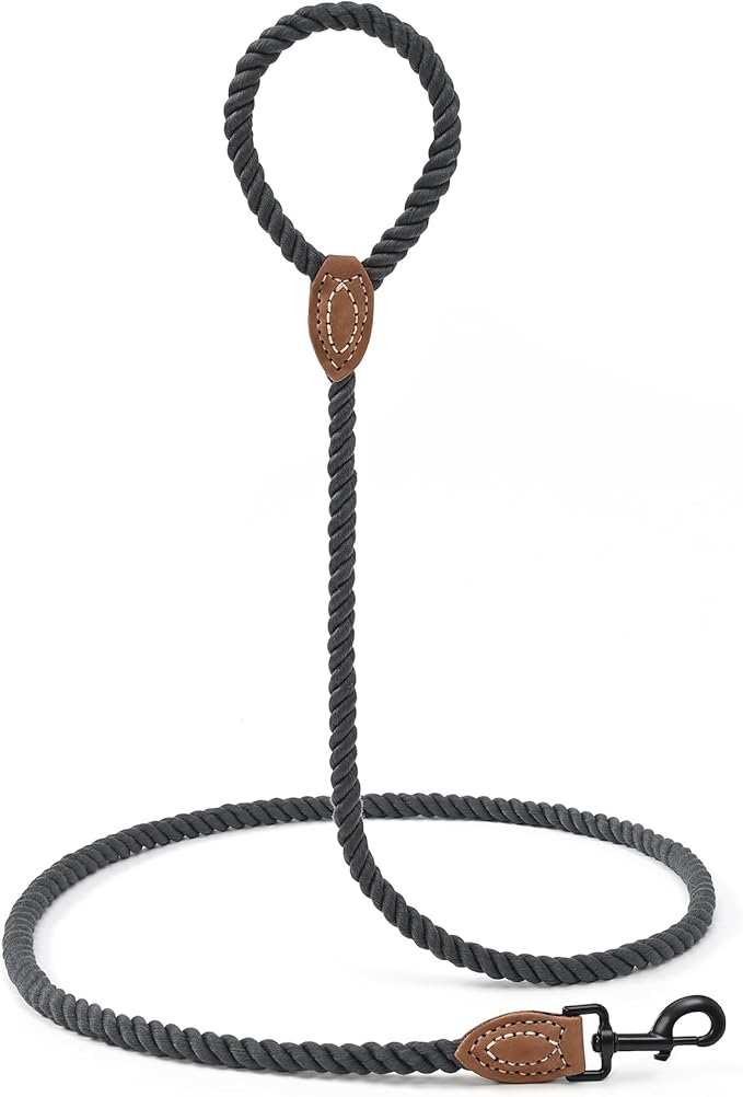 Mile High Life Dog Leash, Braided Cotton Rope Leashes with Leather Tailor Tip with Leather Tip - Heavy Duty Metal Clasp, 4FT, 1/2" Thick - Wedding, Walking for Medium Large Dogs(Dark Gray)
