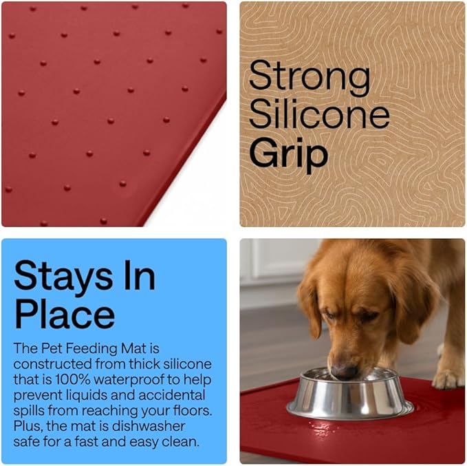 GORILLA GRIP 100% Waterproof Raised Edge BPA Free Silicone Pet Feeding Mat, Dog Cat Food Mats Contain Spills Protects Floors, Placemats for Cats and Dogs Water Bowl, Pets Accessories 32x24 Red