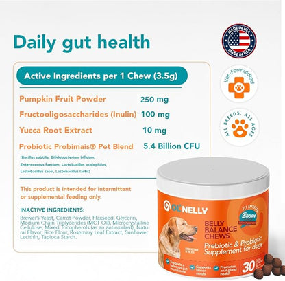 Dog Probiotic Chews – Pre & Probiotics for Dogs with Pumpkin-Digestive & Gut Health Support, Helps with Diarrhea, Gas & Constipation, Bacon Flavor, 30 Soft Chews – Ol'Nelly