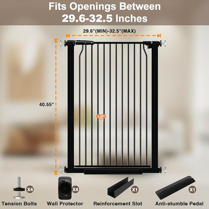 40.55" Extra Tall Baby Gate for Doorways Stairs, 29.6-32.5 in Narrow Baby Gates No Drill, Tall Dog Gate Indoor Walk Thru, Pressure Mounted Child Gate with Door for Pet Doggie Puppy Black