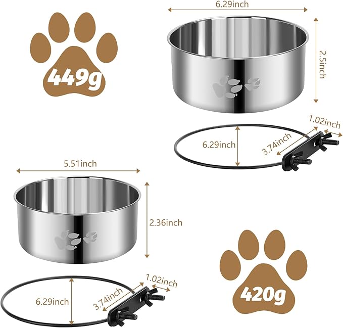 2 Pack Dog Crate Bowl, Metal Dog Water Food Bowl No Spill,Hanging Dogs Bowls for Kennel,Dogs Crate Water Feeder,Stainless Steel Kennel Bowls Mountable for Cats Bunny Ferret Bird