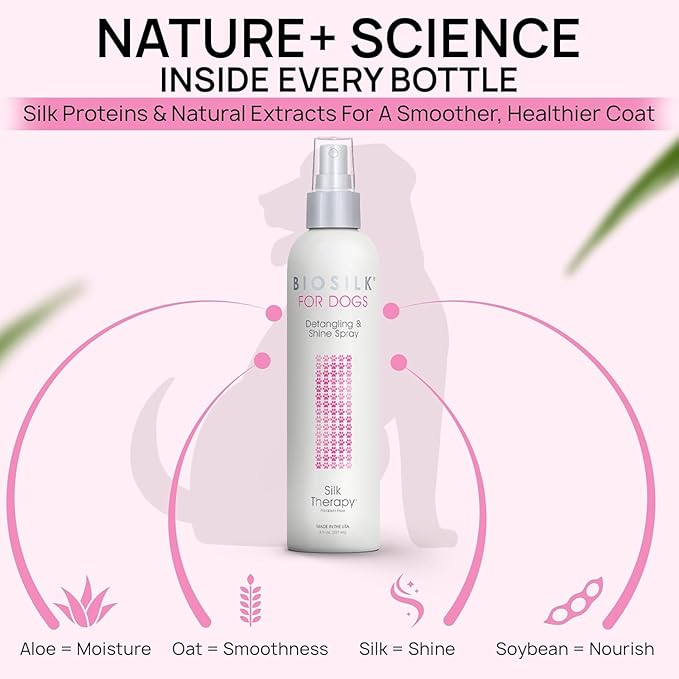 BioSilk for Dogs Detangling Spray with Shine Support, Lightweight Leave in Grooming Mist That Helps Smooth Coats, Detangle, and Add Shine Without Buildup, 8 Fl Oz - 6 Pack