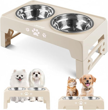 Jovrun Elevated Dog Bowls for Small Dogs and Cats, Non-Slip Cat Bowls with 2 Thick 5.5" Stainless Steel Dishes, Dog Feeder 2 Heights Adjustable to 2.6"-5.3"