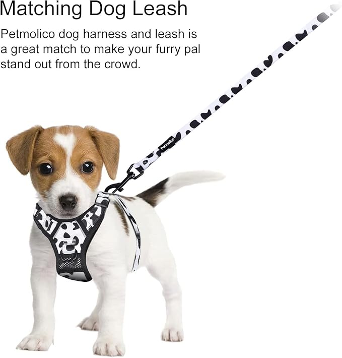 Petmolico No Pull Dog Harness and Leash Set, No Choke 4 Leash Attchments Easy Control Handle Soft Padded Reflective Vest Dog Harness for XS Dog Breed, Cow Pattern XS
