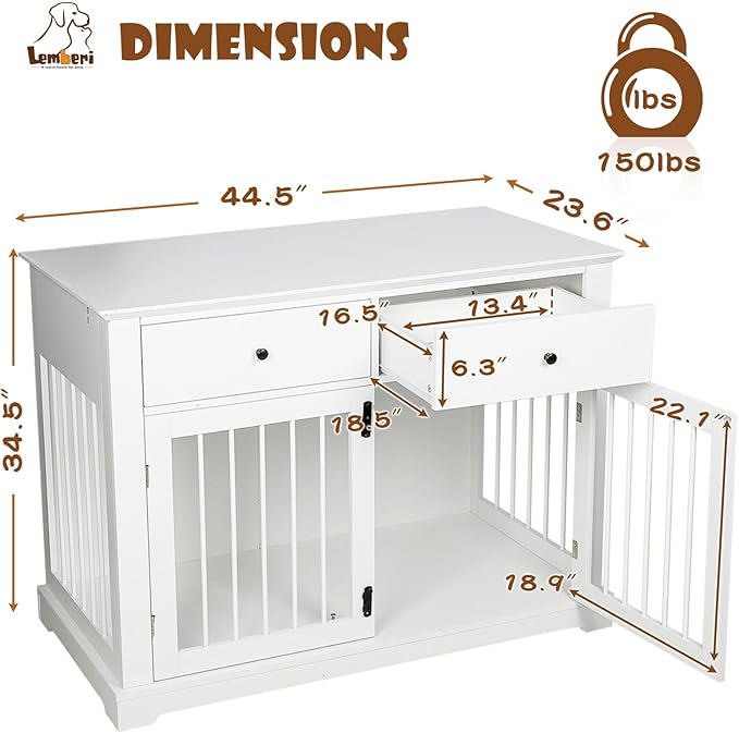 LEMBERI 44 Inch Large Dog Crate Furniture with Storage Drawers, Wooden Dog Kennel Furniture as End Table, Decorative Pet Cage Dog House Indoor for Dogs