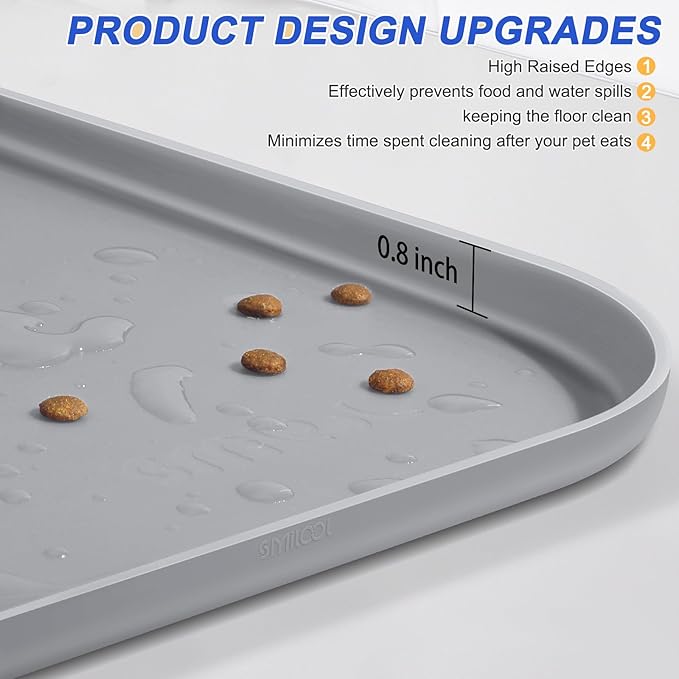SMILOOL Silicone Pet Feeding Mat with Raised Edge for Food and Water, Dog Bowl Mats, Cat Bowls Placemat with High Lip for Floor Waterproof, Rubber Tray for Cats and Dogs 24 x 16 x0.8 Light Gray