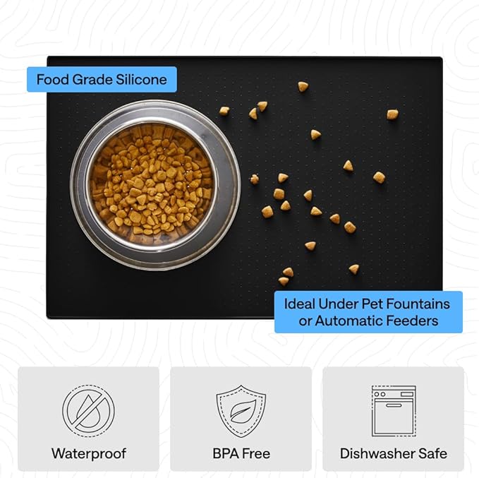 GORILLA GRIP 100% Waterproof Raised Edge BPA Free Silicone Pet Feeding Mat, Dog Cat Food Mats Contain Spills Protects Floors, Placemats for Cats and Dogs Water Bowl, Pets Accessories 32x24 Black
