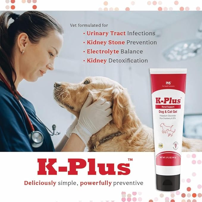 K-Plus Gel for Dogs & Cats – Potassium Citrate & Cranberry Supplement for Kidney, Urinary Tract Health, UTI Relief, Stone Prevention, Electrolyte Balance, Muscle & Heart Function - Made in USA - 5 oz