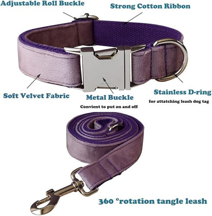 Love Dream Velvet Dog Collar and Leash Set, Soft & Comfy Adjustable Dog Leash and Collar with Heavy Duty Metal Buckle for Small Medium Large Dogs Training & Walking (Small, Dark Purple)