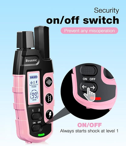 Bousnic Dog Shock Collar - 3300Ft Dog Training Collar with Remote for 5-120lbs Small Medium Large Dogs Rechargeable Waterproof e Collar with Beep (1-8), Vibration(1-16), Safe Shock(1-99) (LightPink)