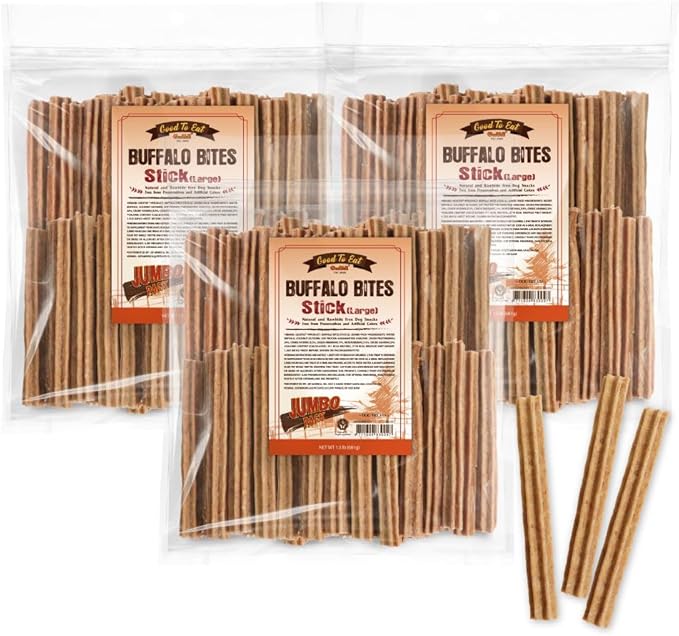 Gootoe Buffalo Dog Treats, Natural Low-Fat Chews for Training & Rewards, Limited Ingredient, Puppy Treats for Medium Dogs, Resealable Bag, Buffalo Bites Stick (Large), 1.5 lb (Pack of 3)