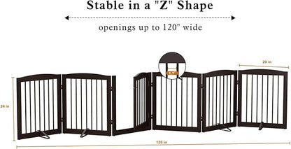 PUPETPO Freestanding Pet Gates with Walk Through Door, Dog Indoor Fence, Dog Gate for The House, Doorway, Stairs, Extra Wide Pet Gate, Support Feet Included, 120 Inch Wide, 6 Panels 24" Tall, Brown