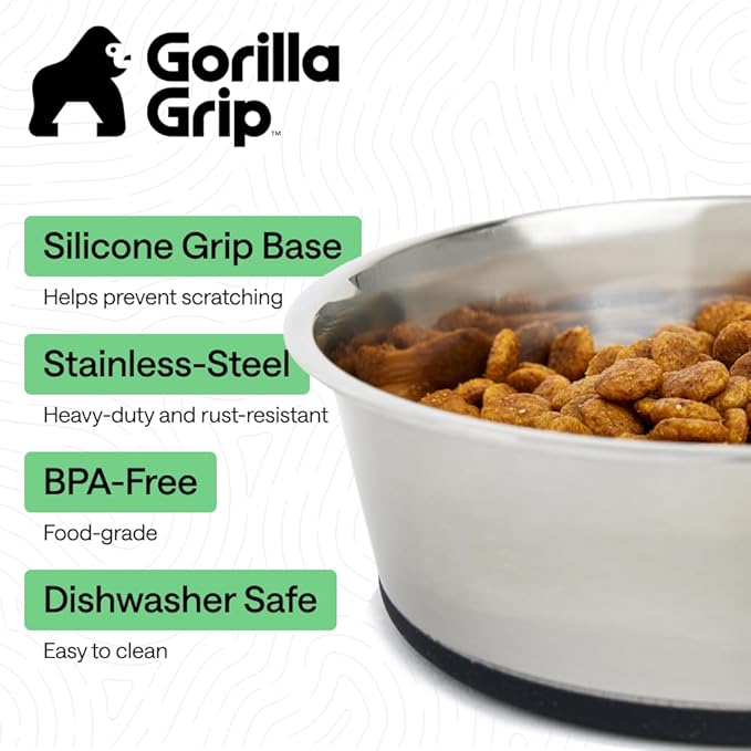 GORILLA GRIP Dog Bowls, Food Grade 304 Stainless Steel, Holds 1 Cup Each (8 fl oz) Food and Water Bowl for Feeding Dogs and Cats, Dishwasher Safe, Rust Resistant, BPA Free Rubber Base Set of 2 Black