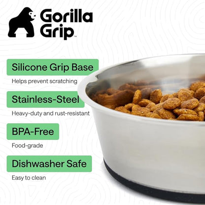 GORILLA GRIP Dog Bowls, Food Grade 304 Stainless Steel, Holds 1 Cup Each (8 fl oz) Food and Water Bowl for Feeding Dogs and Cats, Dishwasher Safe, Rust Resistant, BPA Free Rubber Base Set of 2 Black