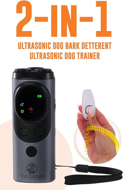 Dog Bark Deterrent Devices – 3-in-1 Ultrasonic Anti Barking Device for Dogs with Clicker & Whistle | Dual Frequency True Ultrasonic Dog Bark Deterrent (50FT) | Rechargeable, Humane Training