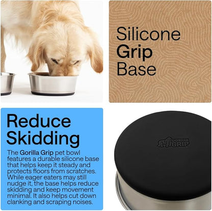 GORILLA GRIP Dog Bowls, Food Grade 304 Stainless Steel, Holds 6 Cups Each (48 fl oz) Food and Water Bowl for Feeding Dogs and Cats, Dishwasher Safe, Rust Resistant, BPA Free Rubber Base Set of 2 Black