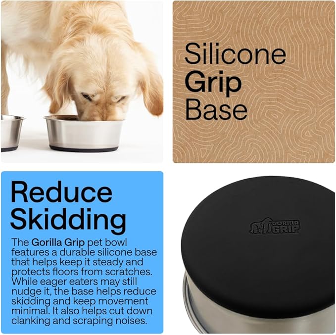 GORILLA GRIP Dog Bowls, Food Grade 304 Stainless Steel, Holds 4 Cups Each (32 fl oz) Food and Water Bowl for Feeding Dogs and Cats, Dishwasher Safe, Rust Resistant, BPA Free Rubber Base Set of 2 Black