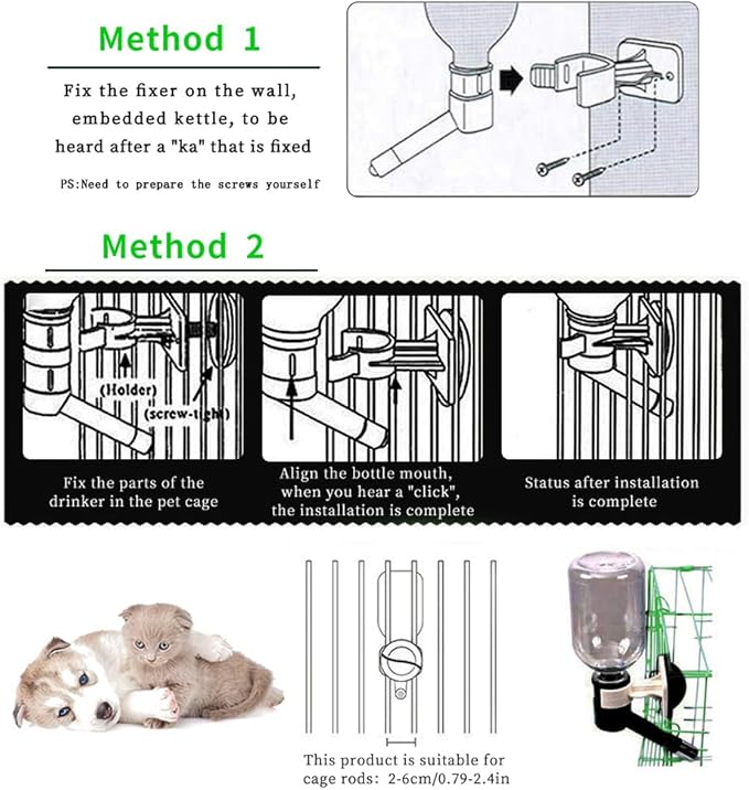 Andiker No-Drip Dog Water Dispenser Bottle-Dog Kennel Cage Water Dispenser Water Drinker Kettle for Pets can be Raised and Lowered Drinking Water Feeding Cage Water Bottle for Dogs (Black)