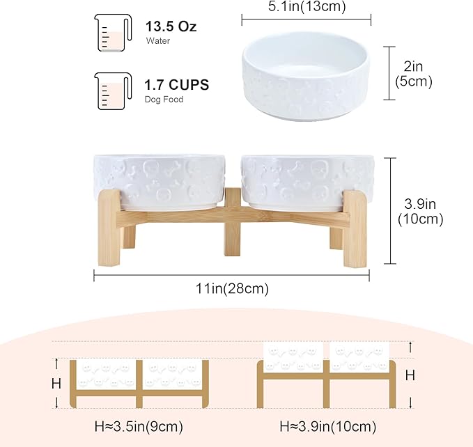 SPUNKYJUNKY Elevated Dog Bowls Ceramic, 5.1'' Dogs and Cat Food Water Bowls Raised with Non-Slip Bamboo Stand for Puppy Small Sized Breed Microwave Dishwasher Safe - 13.5 OZ,Skull White