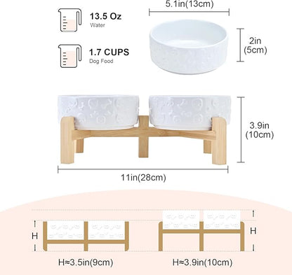 SPUNKYJUNKY Elevated Dog Bowls Ceramic, 5.1'' Dogs and Cat Food Water Bowls Raised with Non-Slip Bamboo Stand for Puppy Small Sized Breed Microwave Dishwasher Safe - 13.5 OZ,Skull White