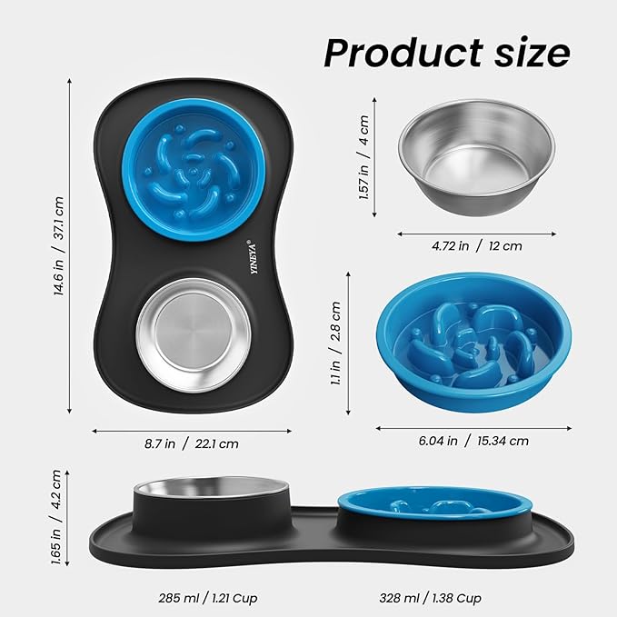 YINEYA Slow Feeder Dog Bowls Stainless Steel Food and Water Bowl Set 3 in 1 No Spill Waterproof Silicone Pet Food Mat Puppy Feeding Station for Large Medium Small Breed Non Slip Metal Dish Tray
