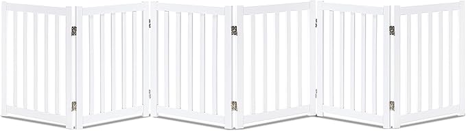 LZRS 6-Panel Extra-Wide Freestanding Wooden Dog Gate Indoor – 24”High Foldable Safety Pet Barrier for Doorways, Hallways, Kitchens, and Long Staircases, Durable Design fit Small to Medium Dogs, White