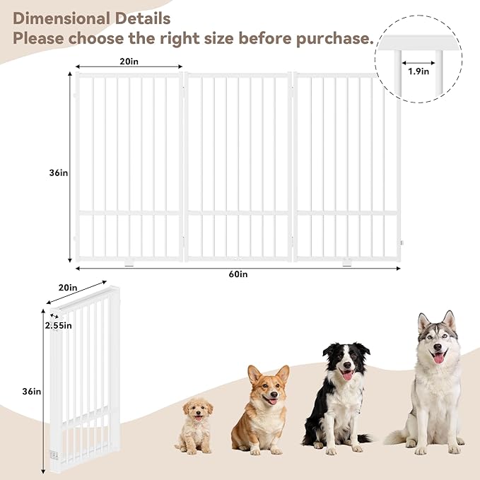 SNUOWU Full Metal Freestanding Dog Gate with Door, 36''Height Foldable Pet Dog Fence for Indoor & Outdoor, 3 Panels Extra Wide Free Standing TallDog Gates for Doorways,House,Stairs,Porch,Deck,Yard