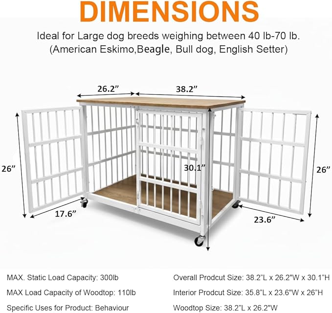 Boldbone 38 inch Dog Crate Furniture, Heavy Duty Dog Kennel Indoor for Large Dogs, Escape-Proof and Chew-Proof Wooden Dog Cage for high Anxiety Dog, Decorate House as TV Stand, End Table