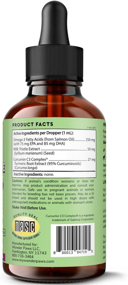 Wonder Paws Milk Thistle, Liver Support for Dogs, Supports Kidney Function for Pets, Detox, Hepatic Support, with Wild Alaskan Salmon Oil & Curcumin, Omega 3 EPA & DHA (4 Oz)