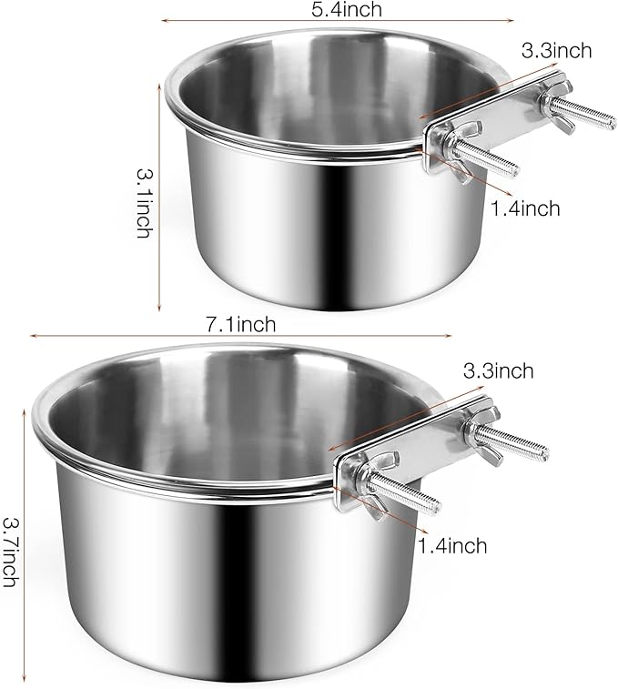 Crate Food and Water Bowl, ShineMe 2 Pack Stainless Steel Hanging Pet Bowls for Crates Kennels Cages, Metal Dog Crate Bowls Hanging No Spill for Medium and Large Pets (7.1 * 3.5” & 5.5 * 3.2”)