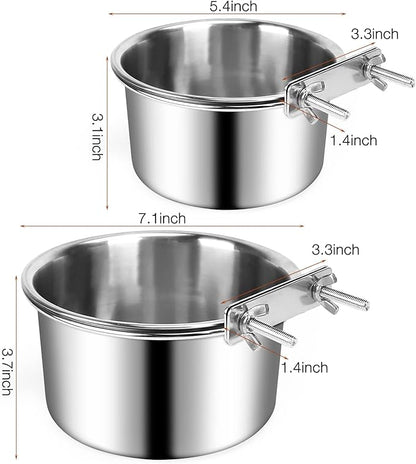 Crate Food and Water Bowl, ShineMe 2 Pack Stainless Steel Hanging Pet Bowls for Crates Kennels Cages, Metal Dog Crate Bowls Hanging No Spill for Medium and Large Pets (7.1 * 3.5” & 5.5 * 3.2”)