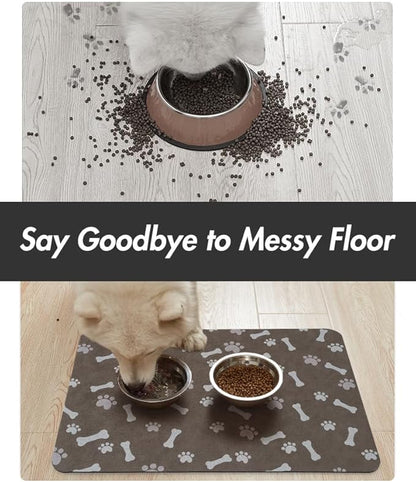 MontVoo Dog Food Mat-Pet Feeding Mat for Food and Water-No Stains Quick Dry Dispenser Cat Bowl Mat for Messy Drinkers(17"x28" Brown)