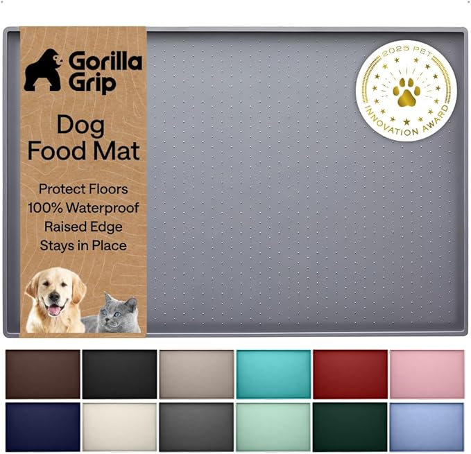 GORILLA GRIP 100% Waterproof Raised Edge BPA Free Silicone Pet Feeding Mat, Dog Cat Food Mats Contain Spills Protects Floors, Placemats for Cats and Dogs Water Bowl, Pets Accessories 28x18 Gray